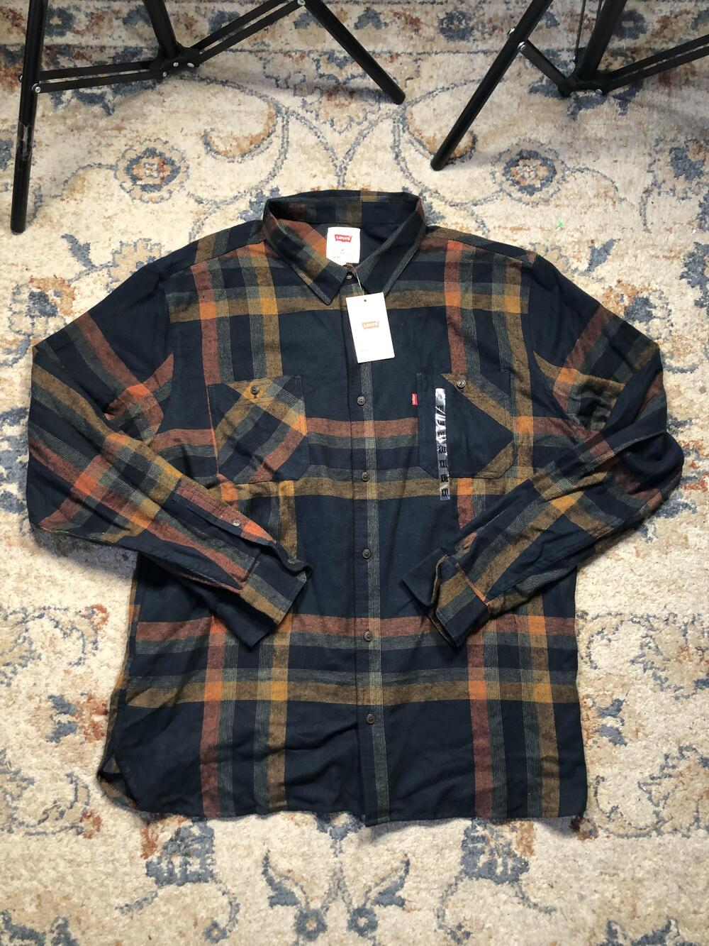 Levi's Shirt Mens 2XL Navy Orange Plaid Button Down Flannel Long Sleeve Casual